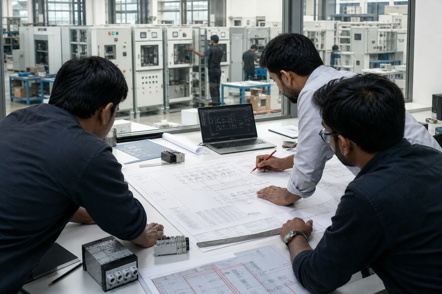 Illustrative engineering team reviewing industrial electrical panel requirements in Ahilyanagar