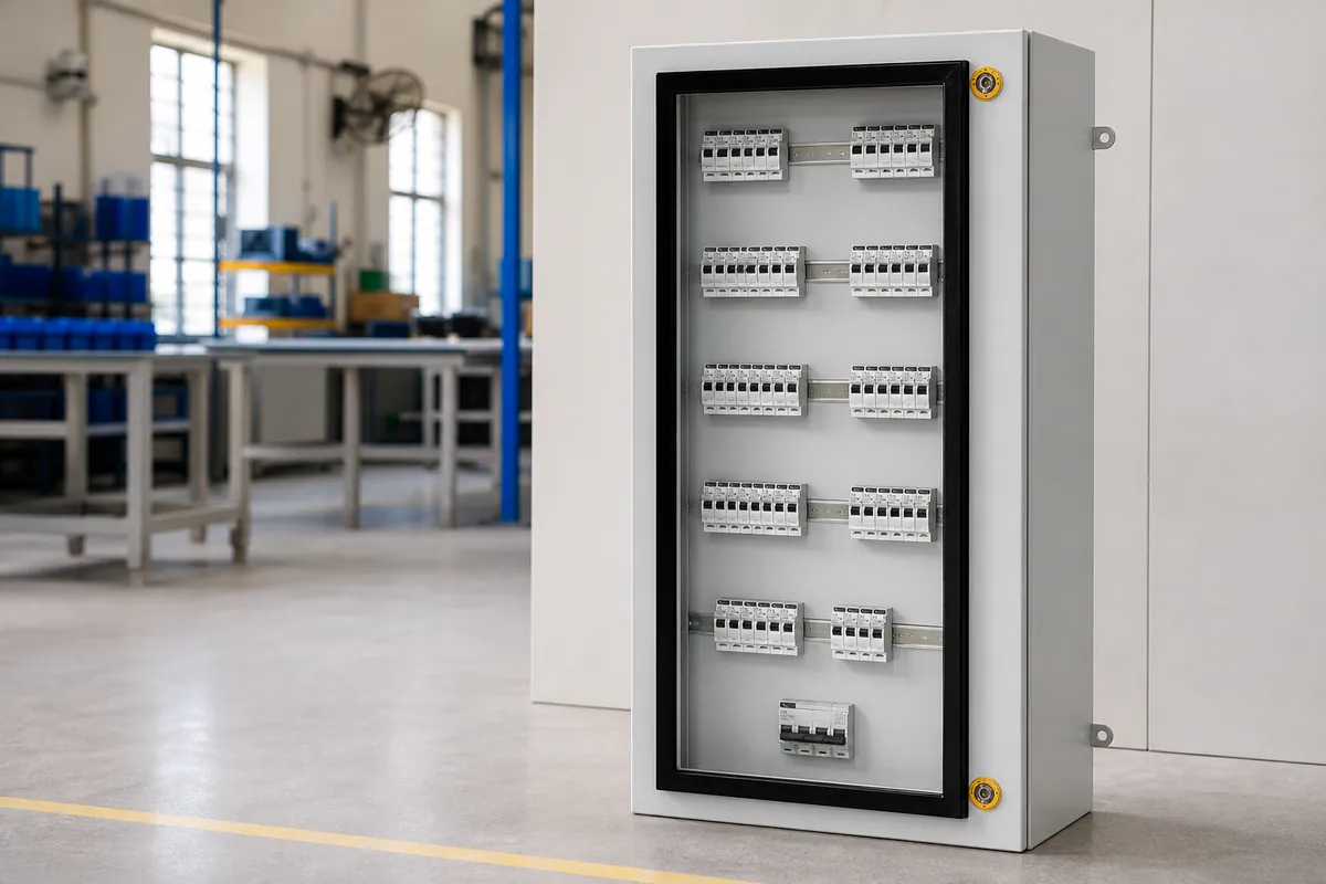 Illustrative finished grey electrical enclosure with a glazed door and organized protective-device rows