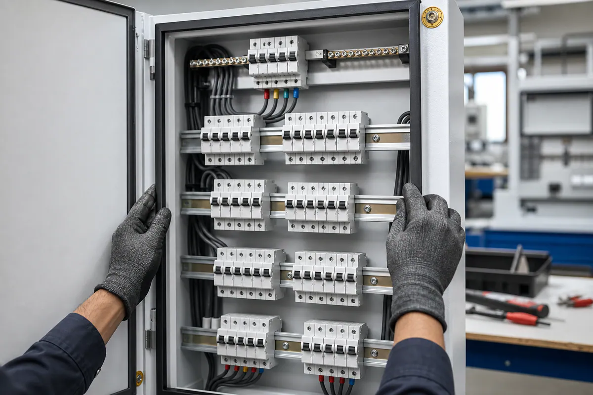 Illustrative close view of a technician checking an organized electrical enclosure during fabrication