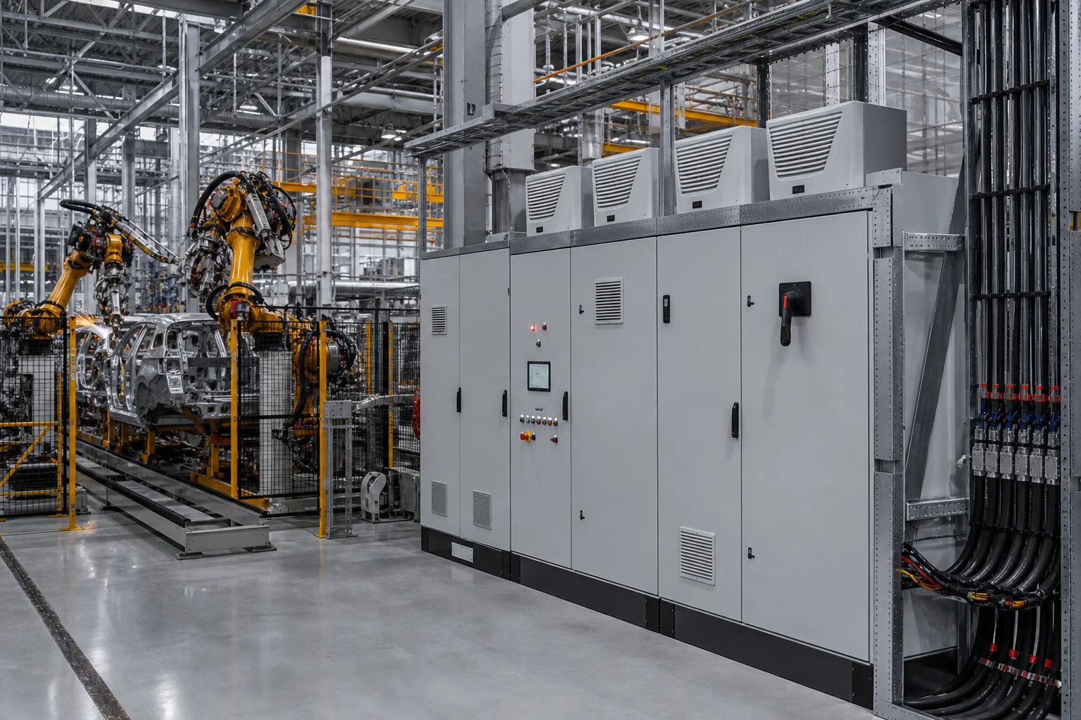 Illustrative automotive production line with automated machinery and electrical controls