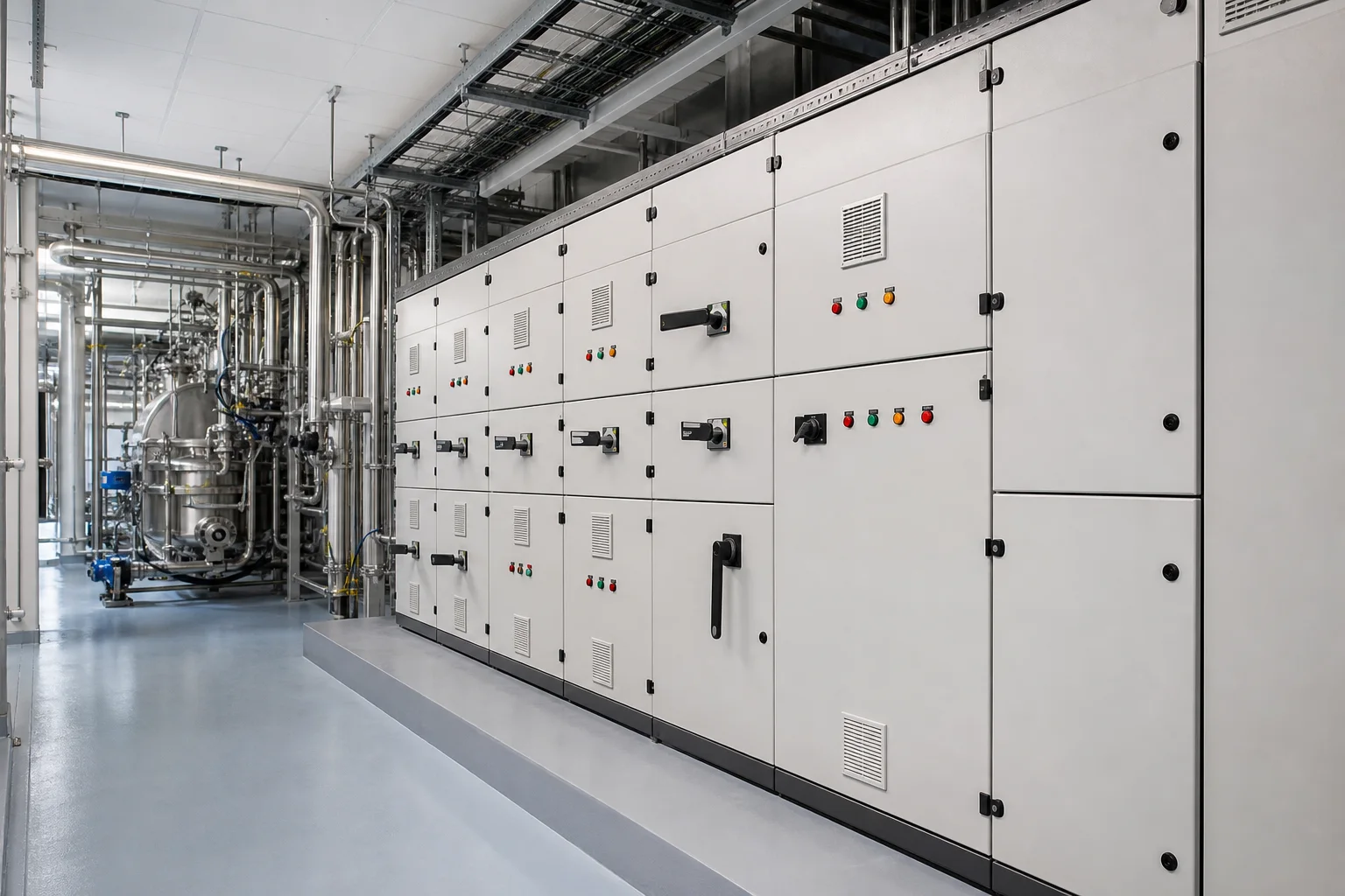 Illustrative pharmaceutical production utility corridor with clean electrical infrastructure