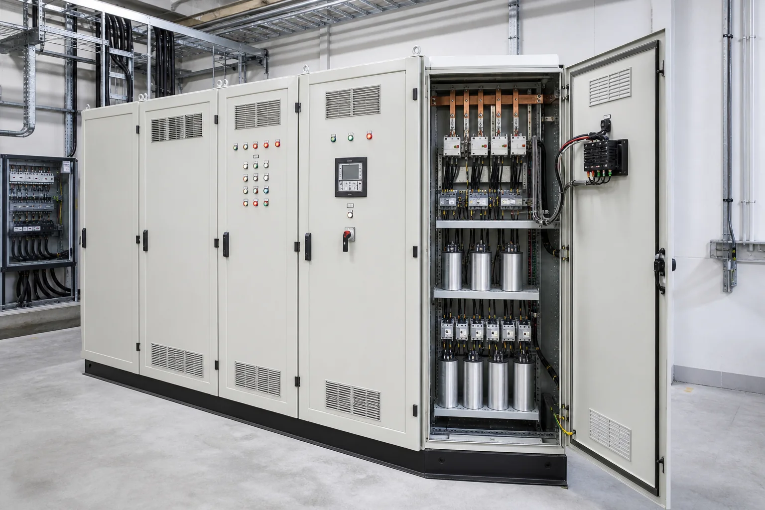 Illustrative APFC panel with staged capacitor banks in a clean industrial electrical room