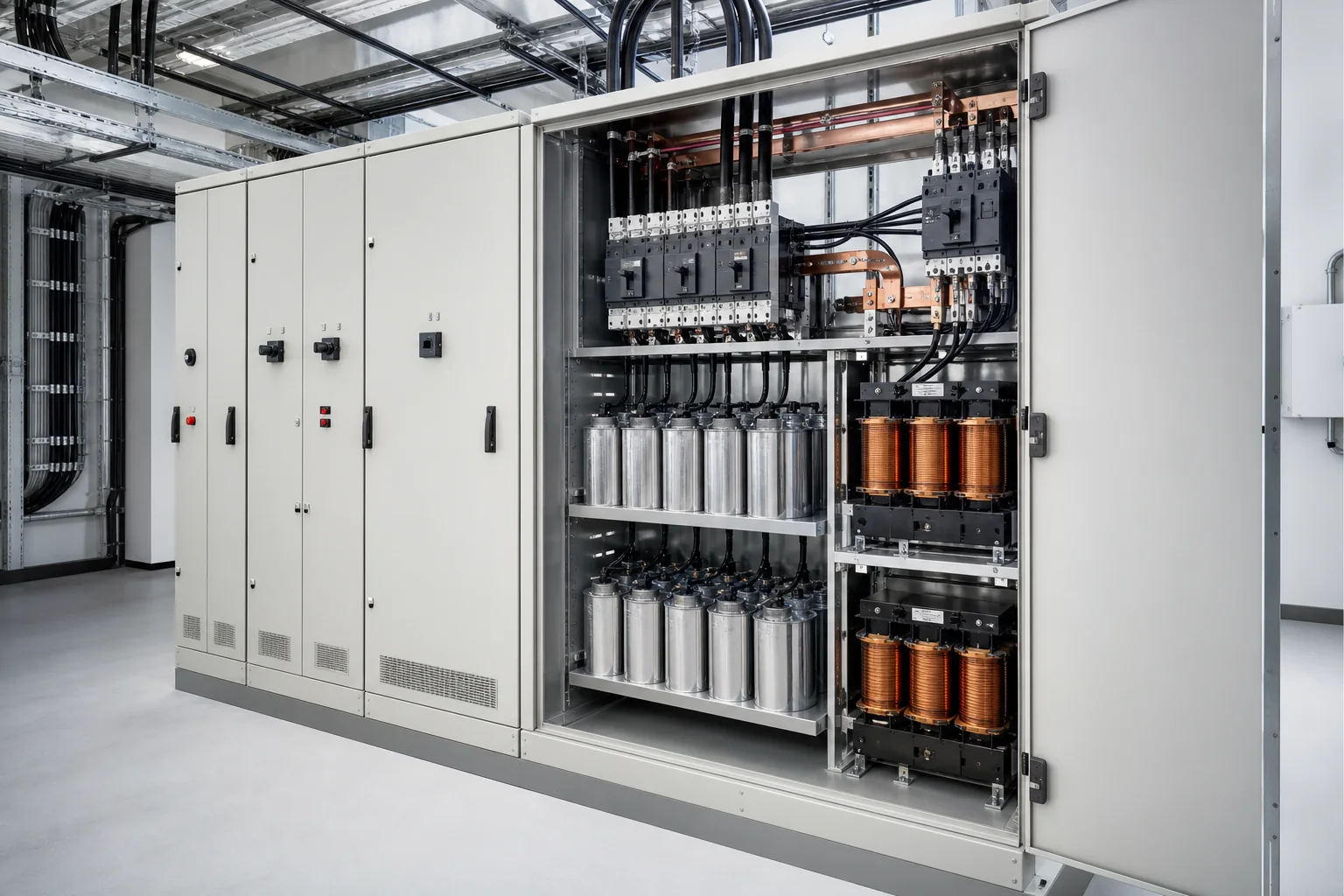 Illustrative detuned reactor APFC panel with capacitor stages and copper-wound reactors