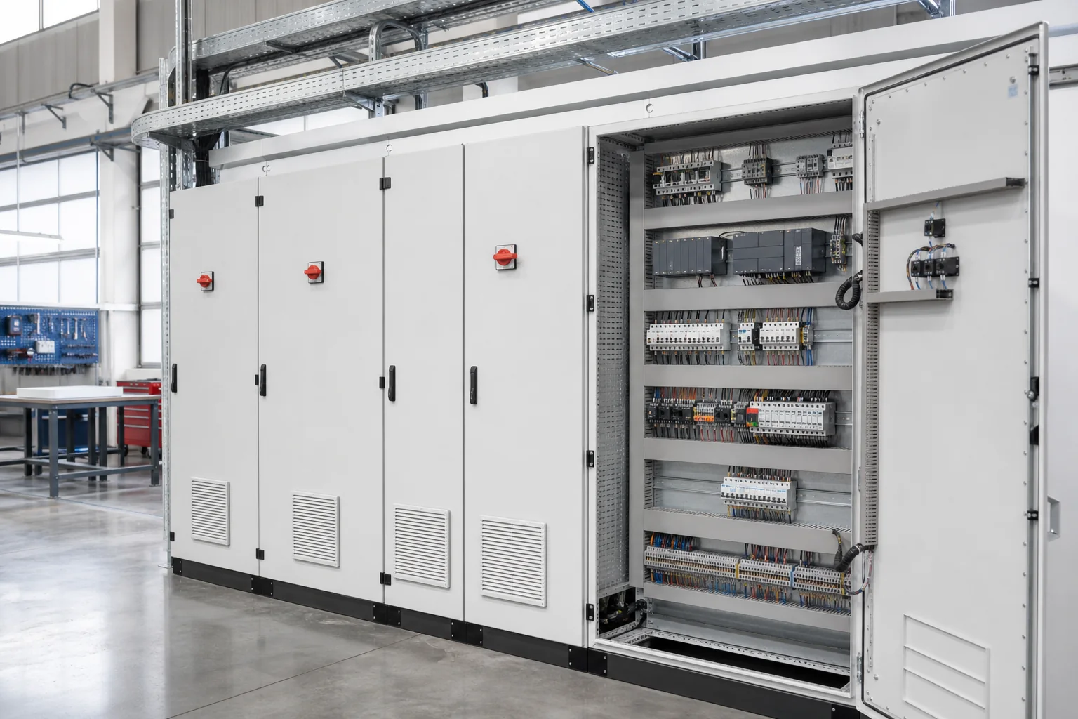 Illustrative control panel lineup with an open, precisely wired cabinet in a modern workshop