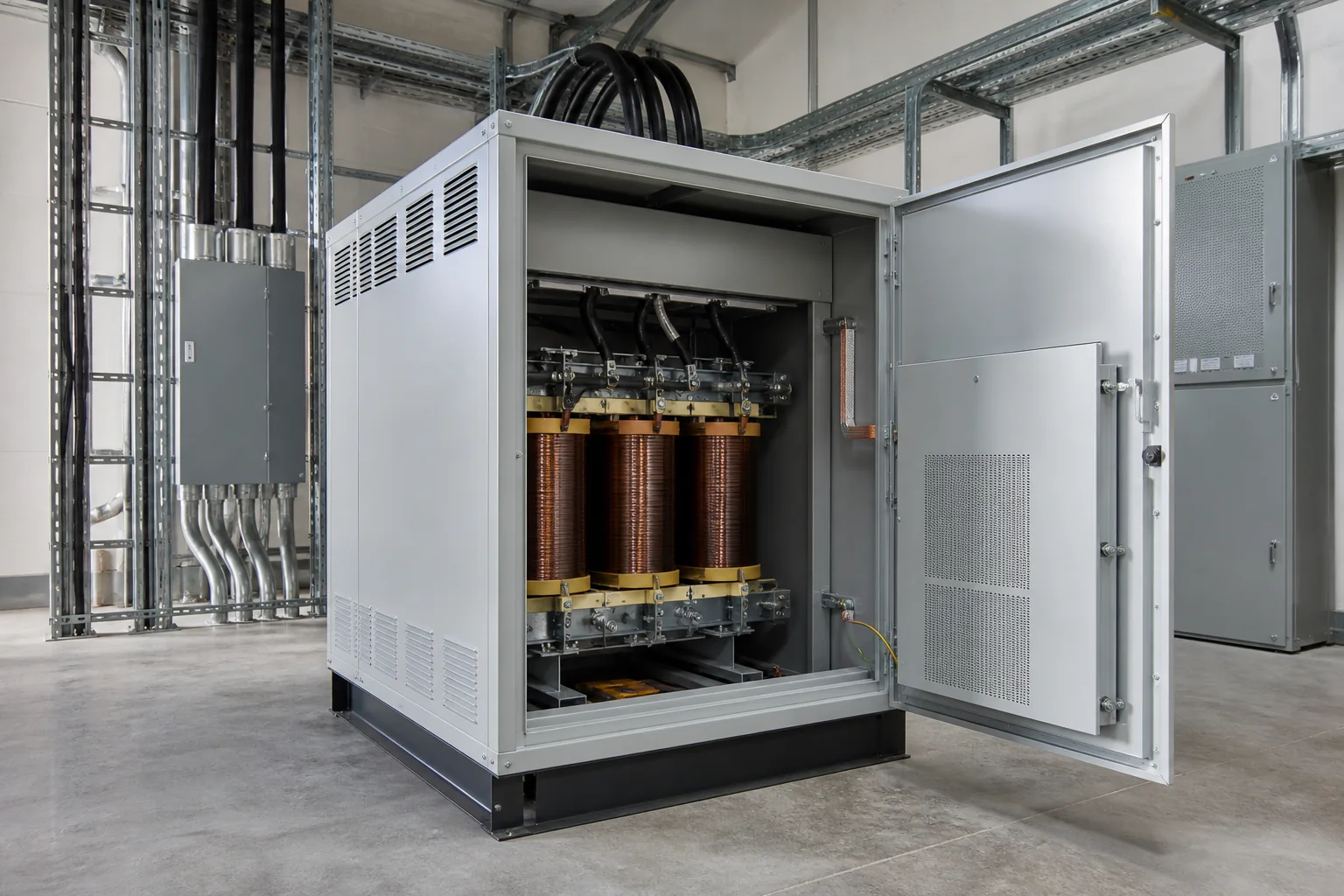 Illustrative isolation transformer enclosure with visible copper windings in an electrical room
