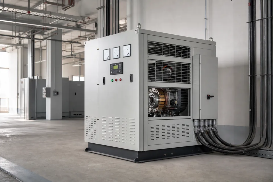 Illustrative servo voltage stabilizer with regulation mechanism and monitoring meters