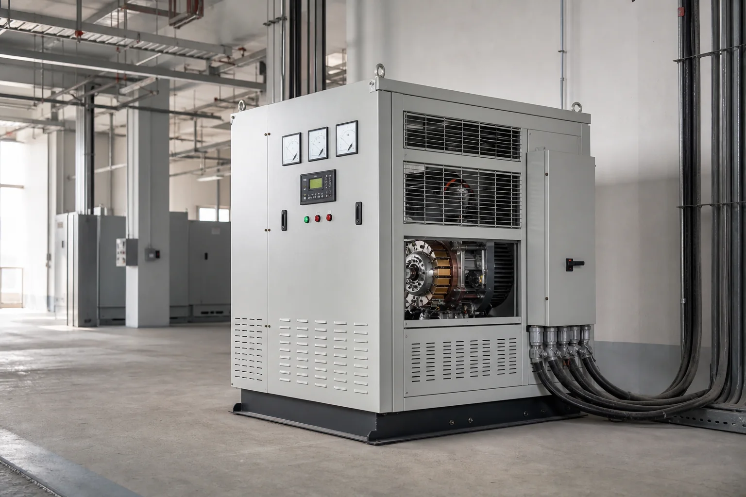 Illustrative three phase servo voltage stabilizer for industrial voltage conditioning selection