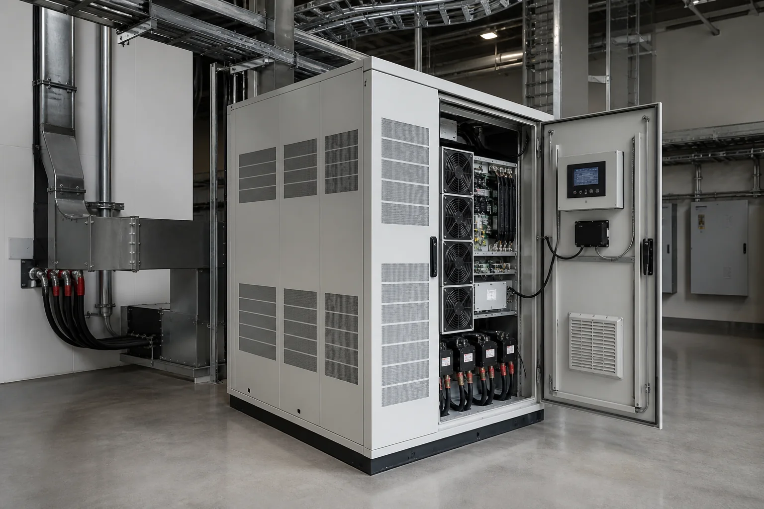 Illustrative static VAR generator cabinet with modular power electronics and ventilation