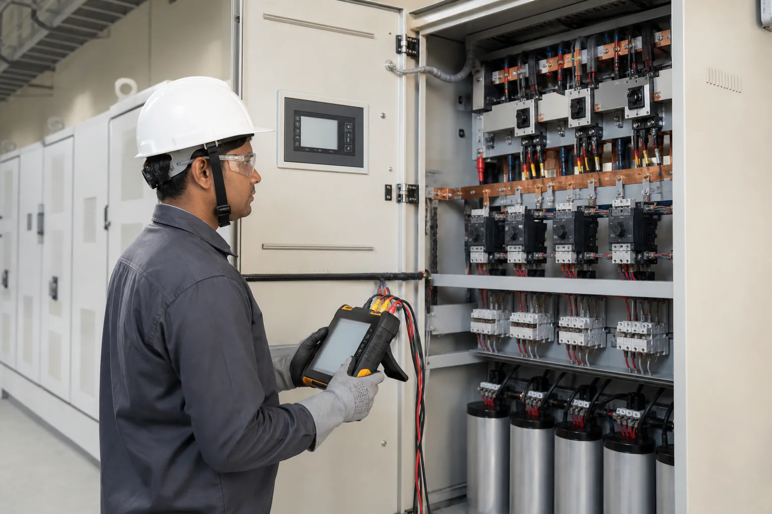 Engineer commissioning an APFC controller beside a low-voltage capacitor bank