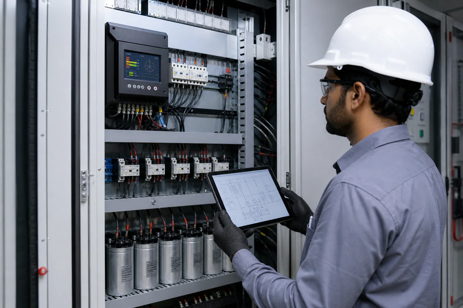 APFC controller alarm diagnostics inside an industrial capacitor panel