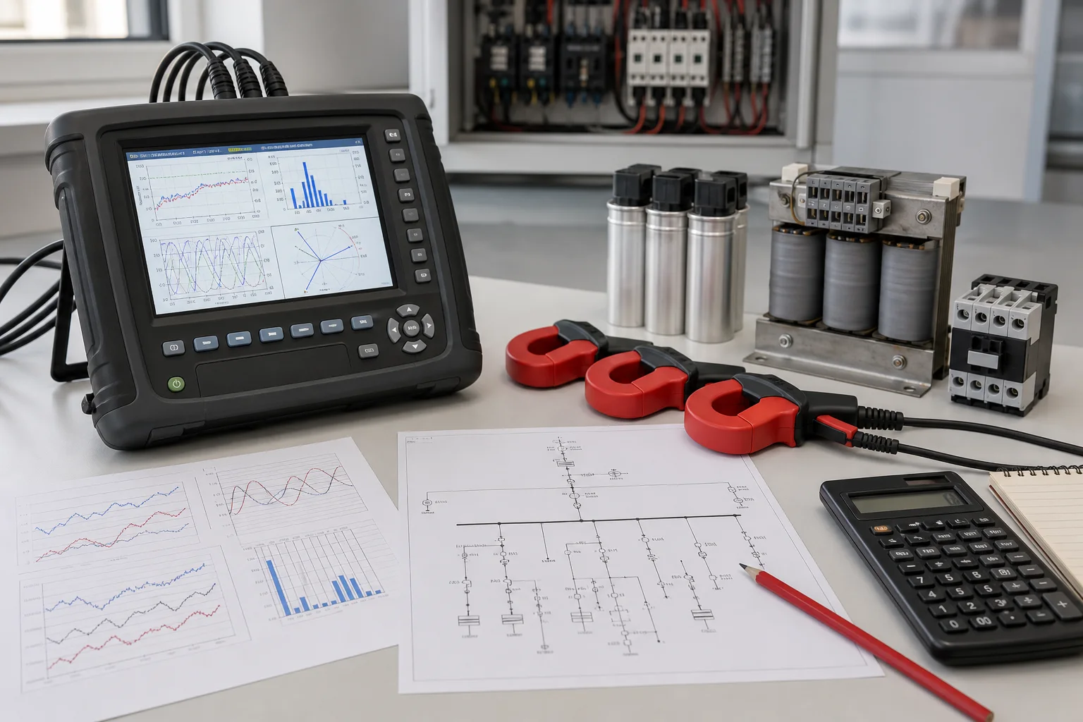 Illustrative APFC evaluation screen with power-factor measurements and capacitor bank context