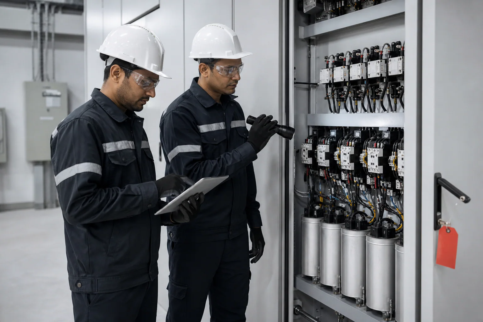 Maintenance team inspecting a de-energised industrial APFC capacitor panel