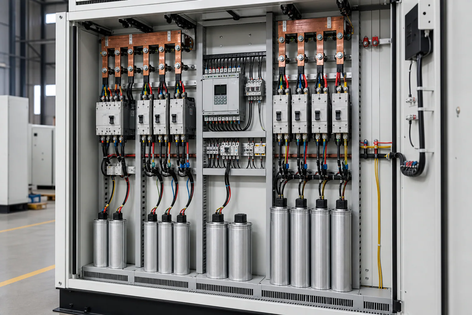 Illustrative APFC controller and multiple capacitor step assemblies arranged in sequence