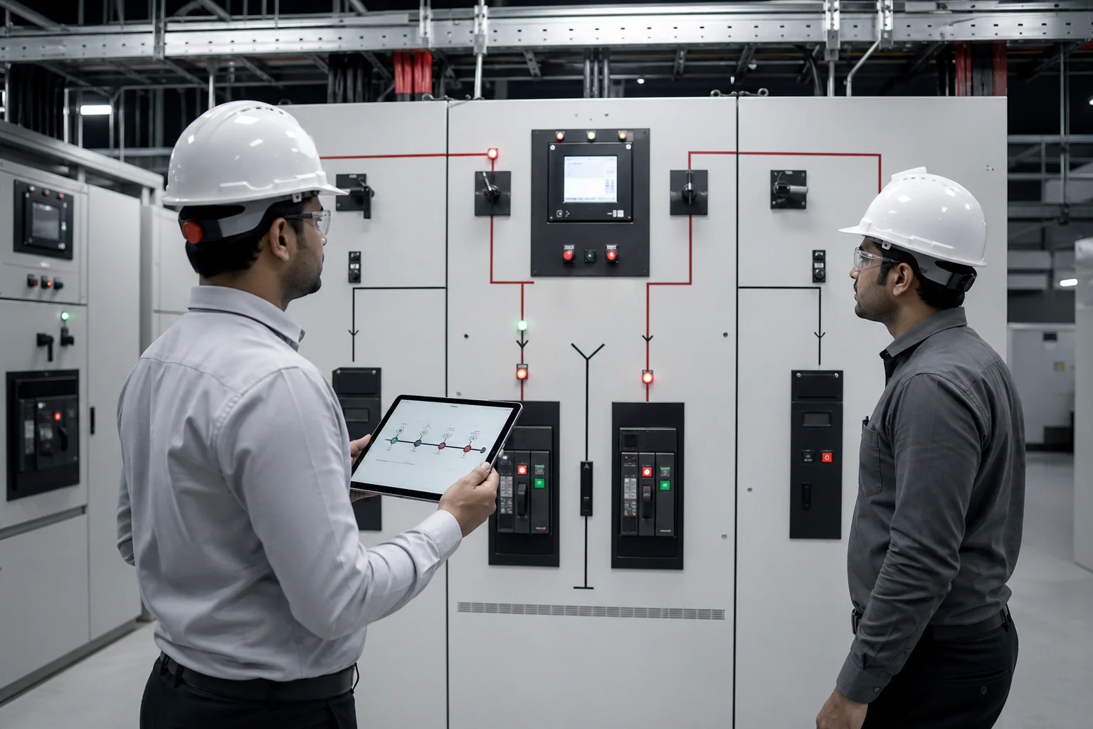 Engineers commissioning an automatic transfer switch between utility and generator sources