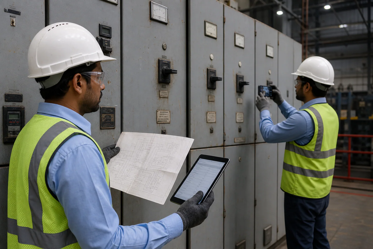 Illustrative brownfield electrical survey comparing an SLD with legacy panel feeders