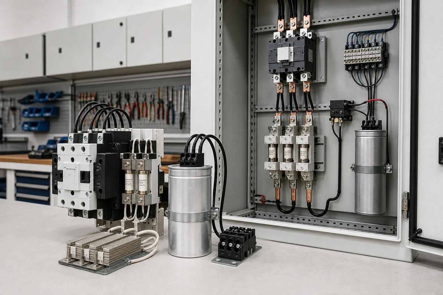Illustrative capacitor switching contactor, discharge components and APFC stage wiring