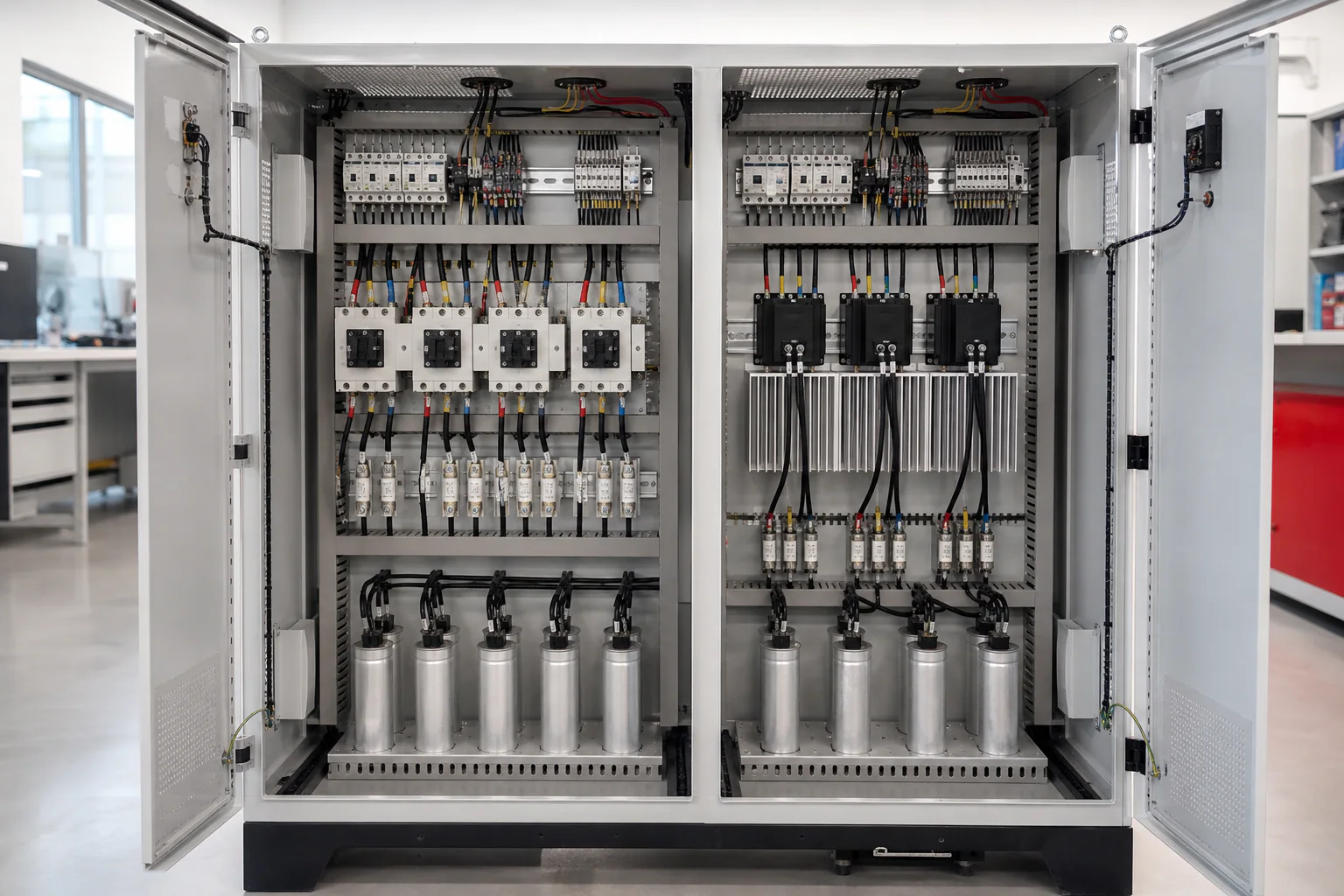 Illustrative split view of capacitor contactors and thyristor switching modules