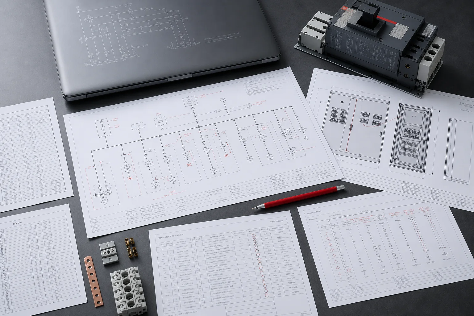 Illustrative control panel enquiry review with electrical drawings and project notes