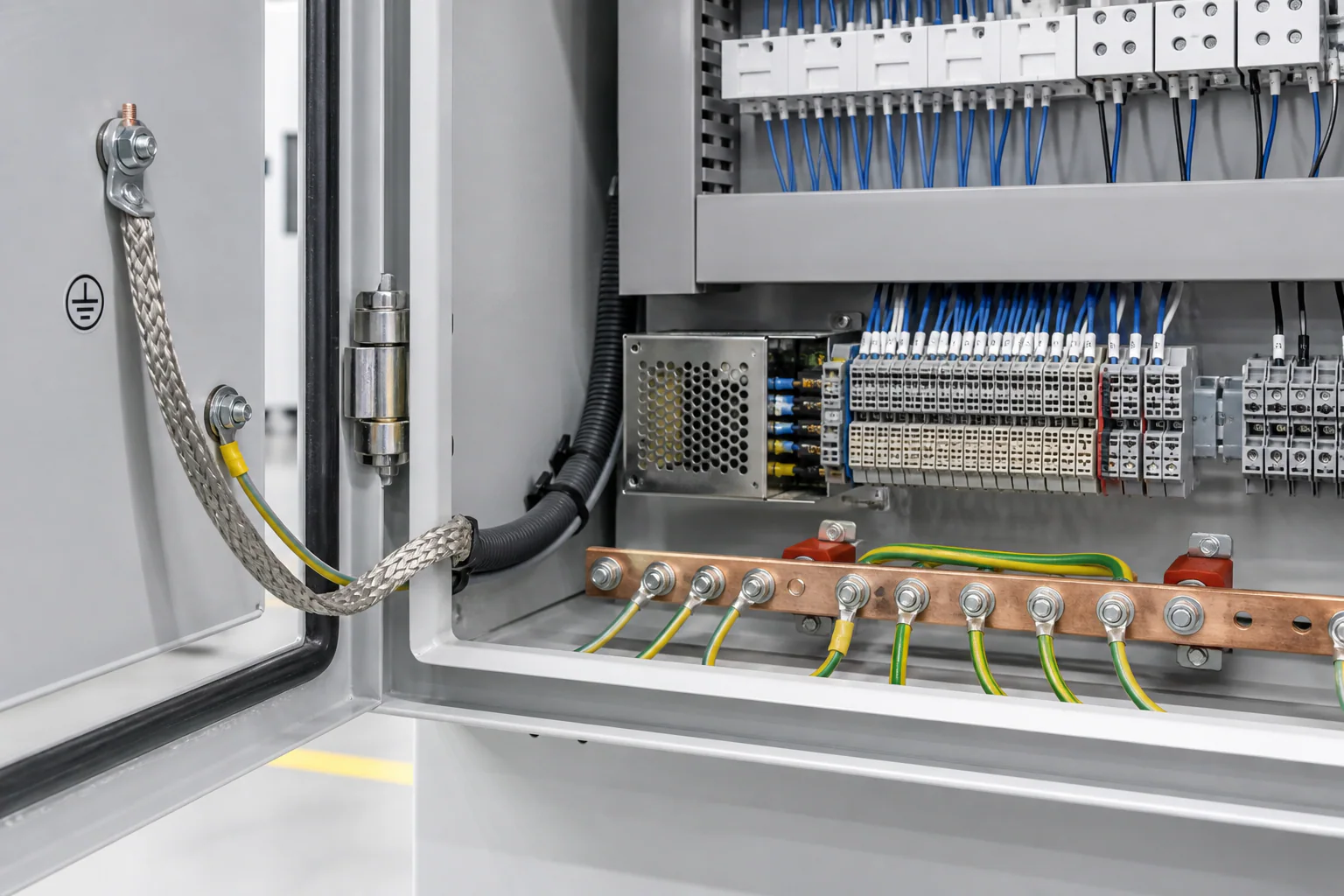 Illustrative industrial control-power chain and protective earth bonding bar