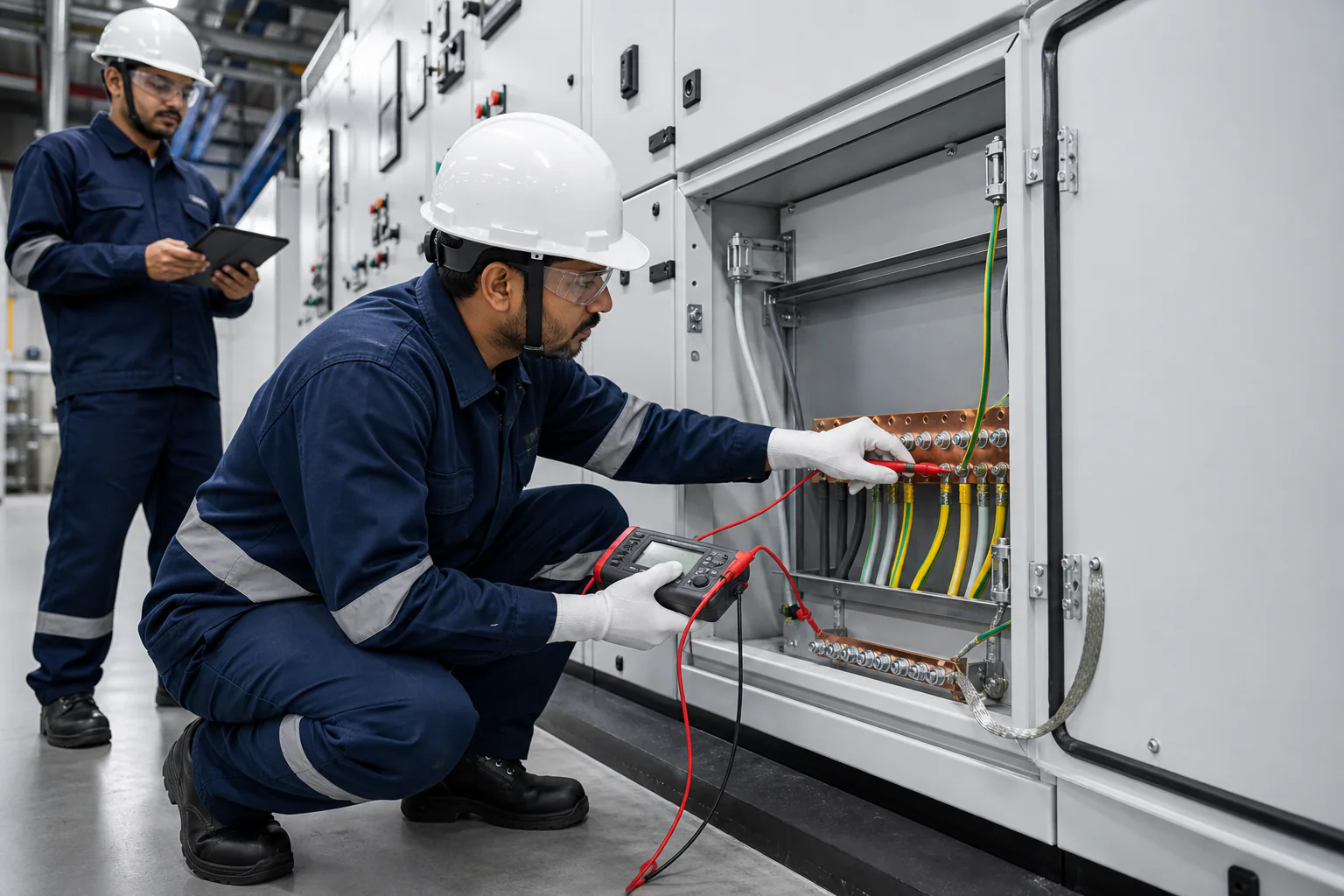 Engineer inspecting protective earthing and bonding connections inside an industrial panel