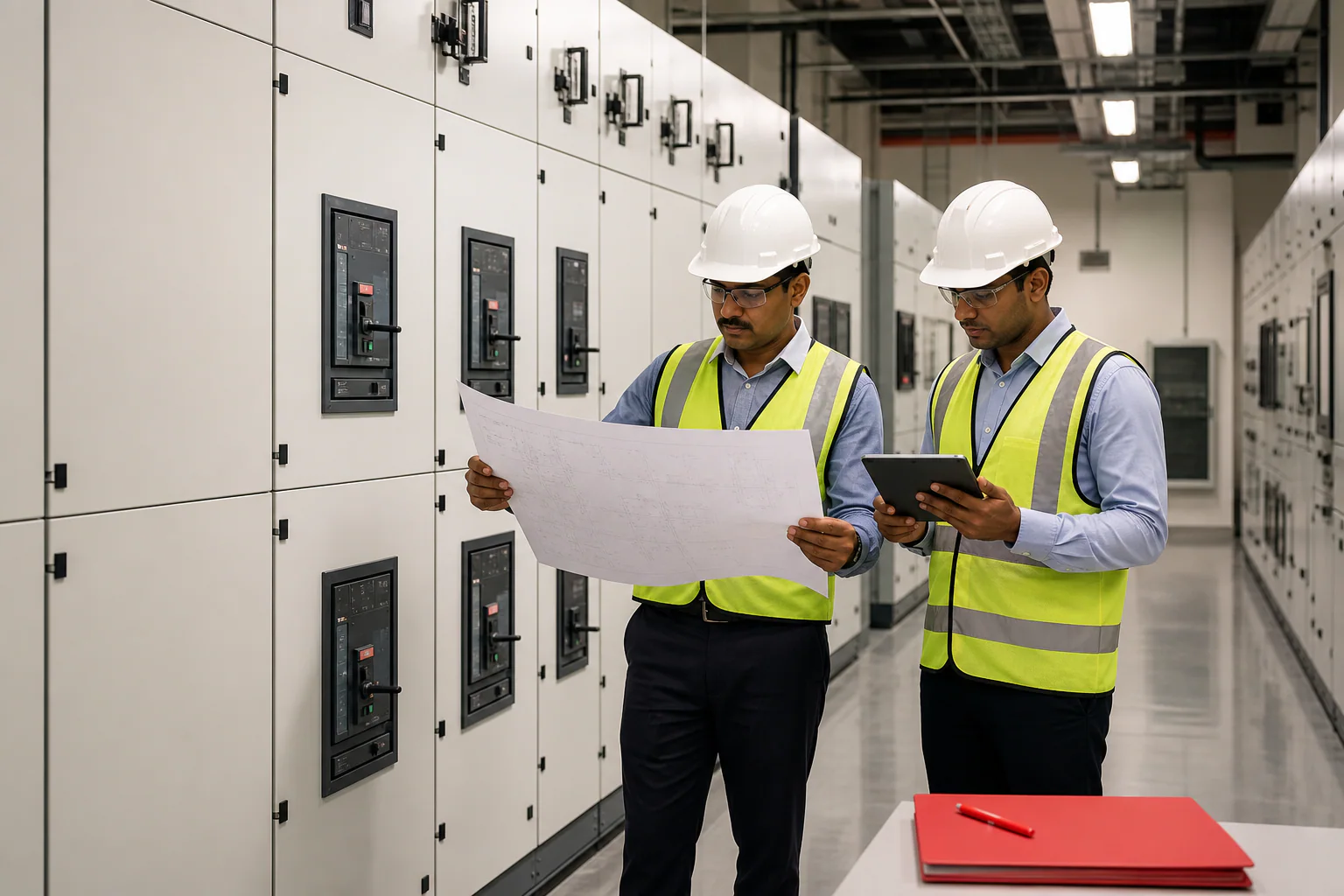 Electrical engineer reconciling as-built drawings with an installed switchboard