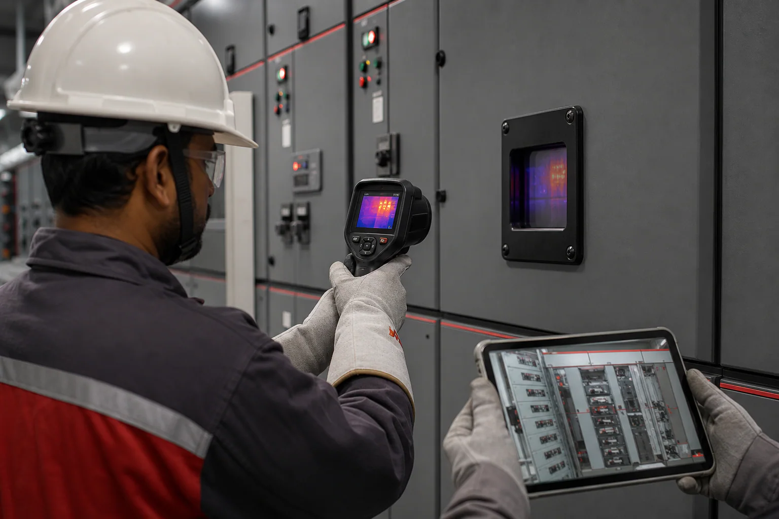 Qualified technician performing infrared thermography on an industrial switchboard