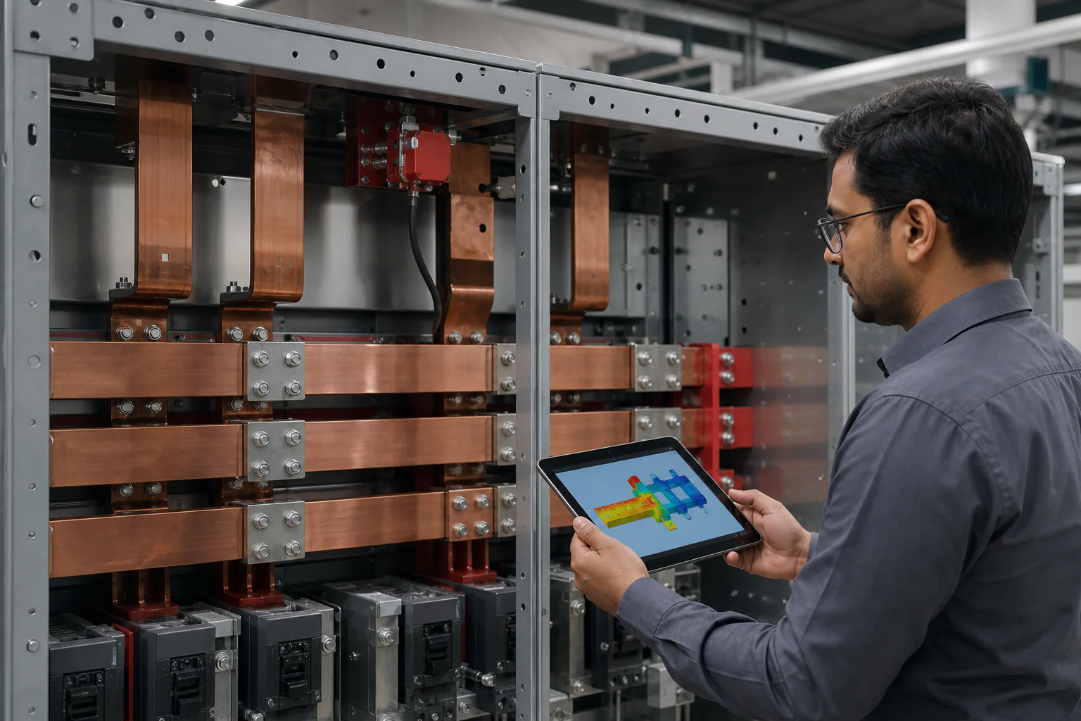 Copper LV busbar system under thermal design review inside a switchboard