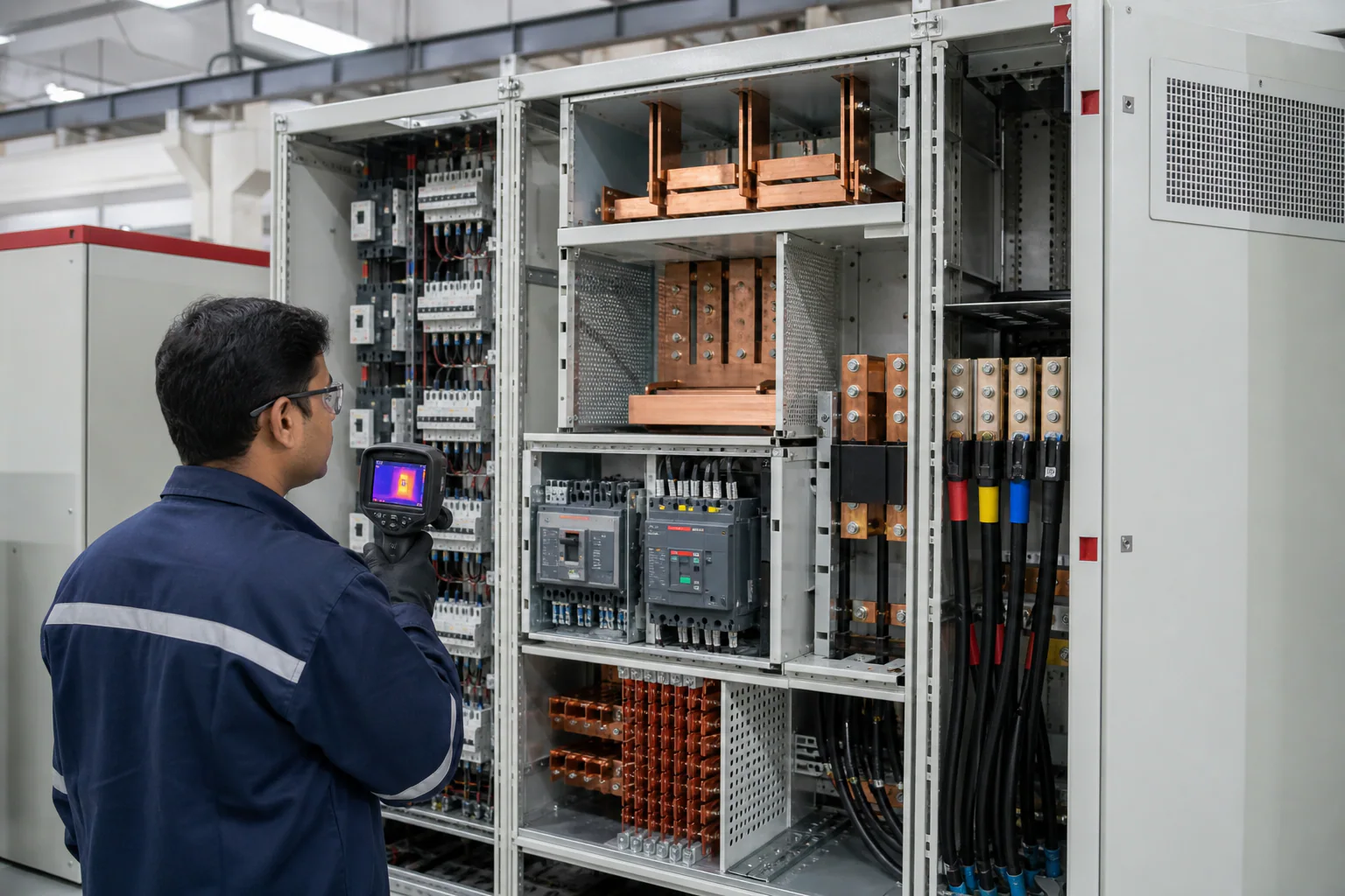 Illustrative low-voltage panel interior with separated power, control and ventilation zones