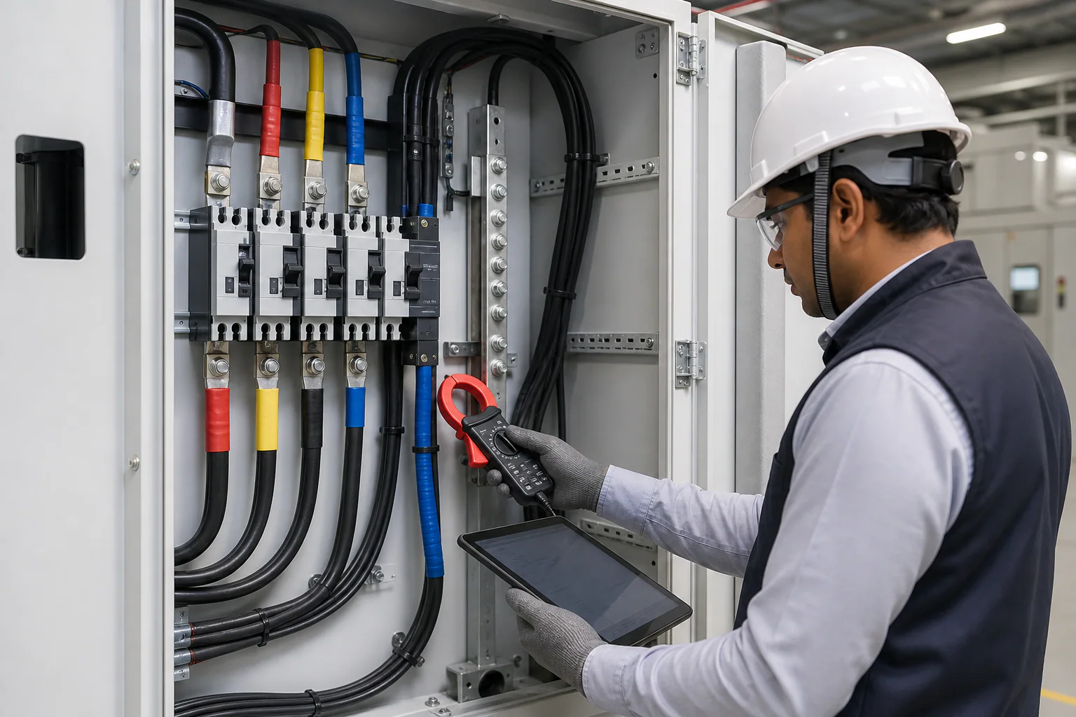 Four-wire distribution panel neutral conductor harmonic current assessment