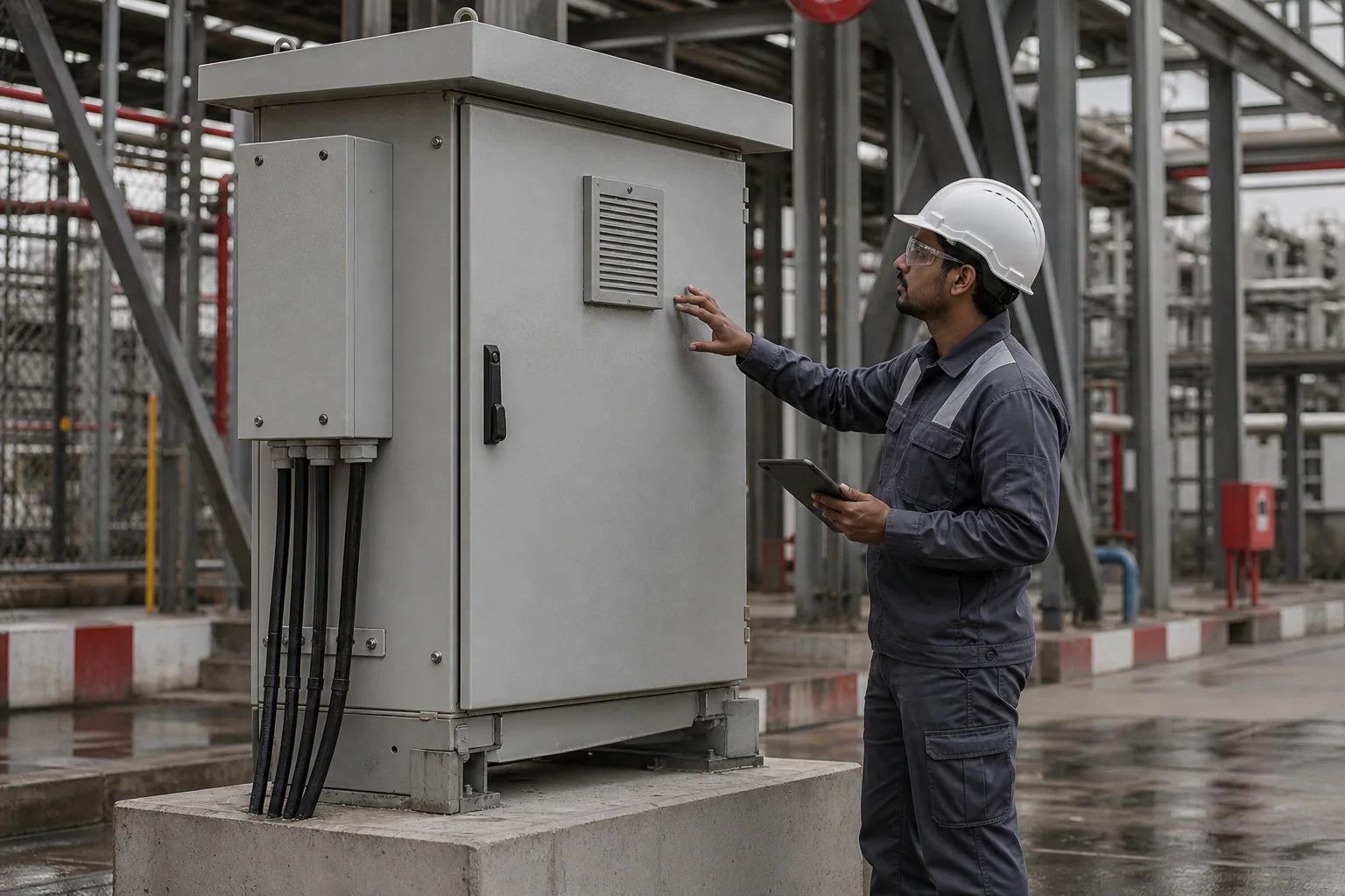 Industrial electrical enclosure reviewed for dust water and ventilation exposure