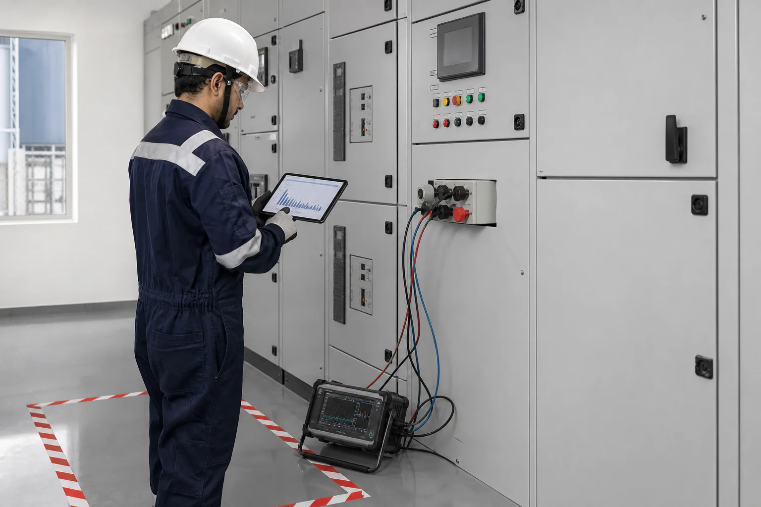 Illustrative power quality analyser at a point of common coupling with harmonic spectrum
