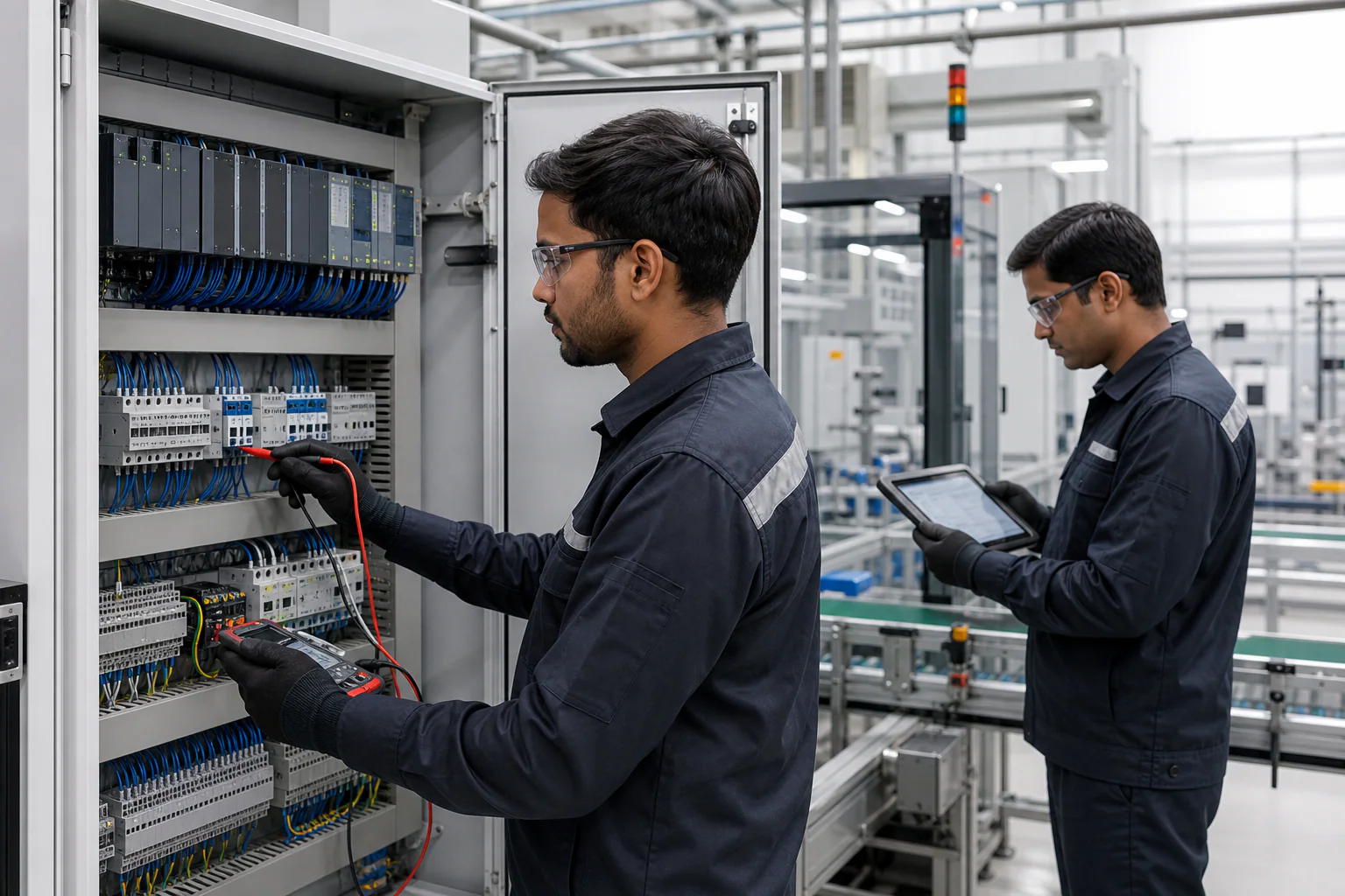 Automation engineer commissioning PLC input and output channels at a control panel