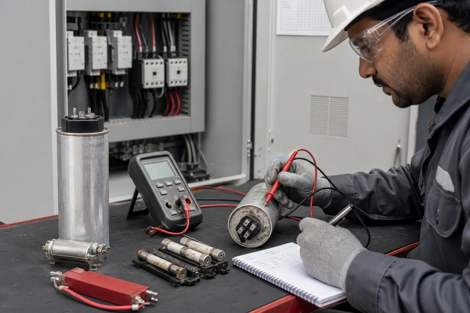 Technician assessing low-voltage power capacitor condition with recorded measurements