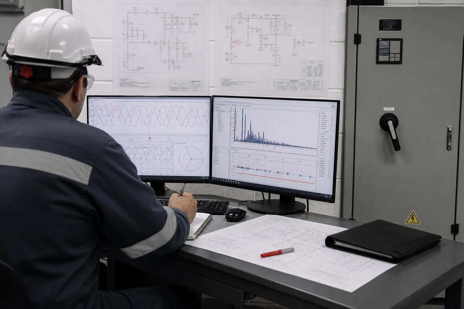 Illustrative power quality assessment with waveform measurements and an industrial single-line diagram