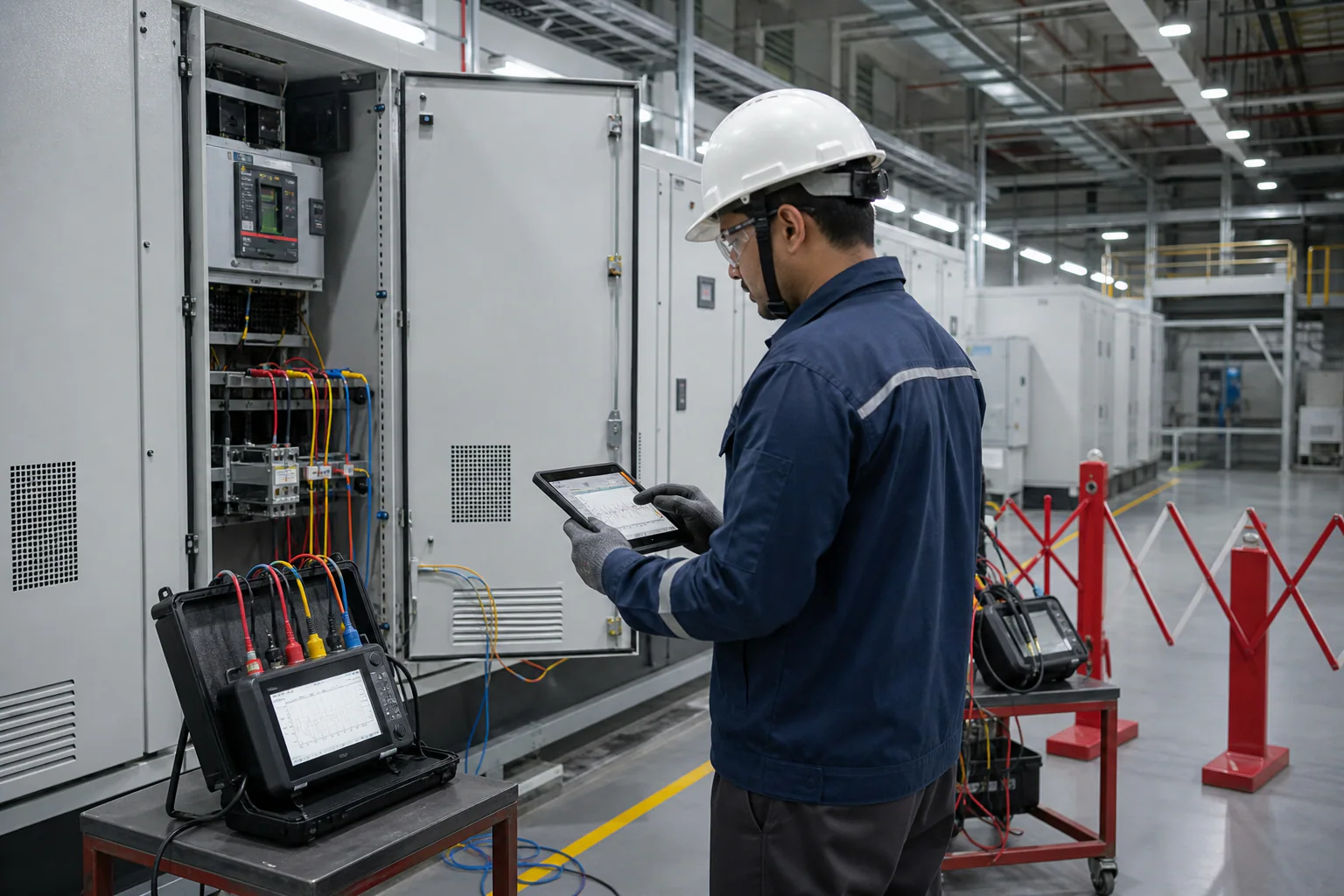 Illustrative synchronized industrial power analysers and operating event log