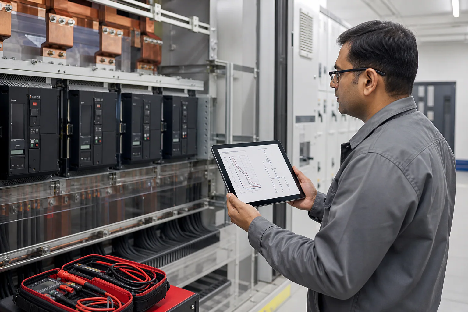 Illustrative protection coordination curves beside low-voltage circuit breakers and panel SLD