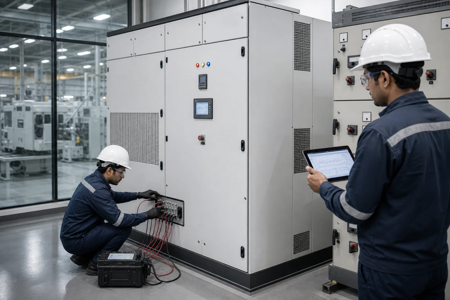 Servo voltage stabilizer site survey with three-phase input and output monitoring