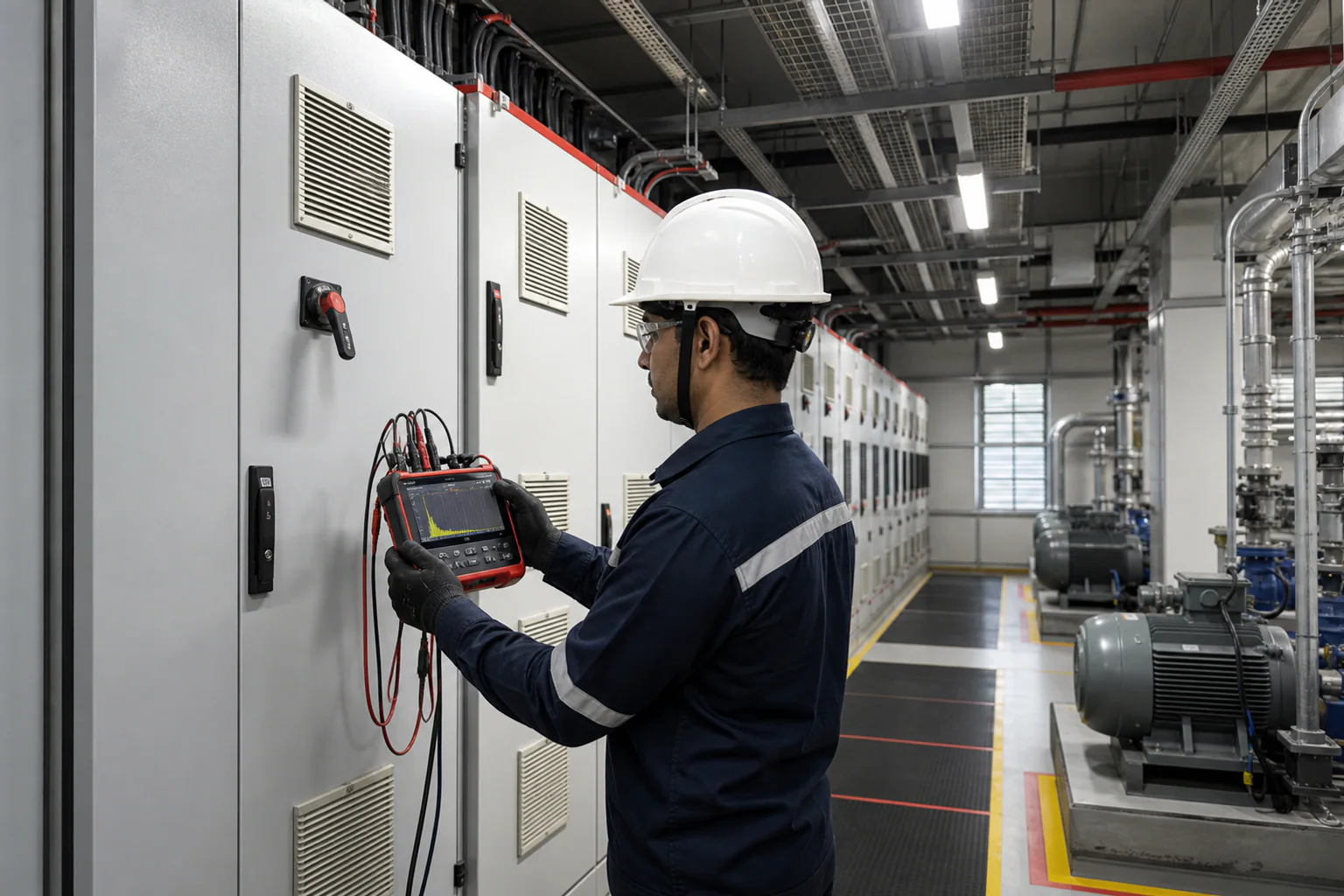 Industrial VFD system measured with a power-quality analyser for harmonic assessment