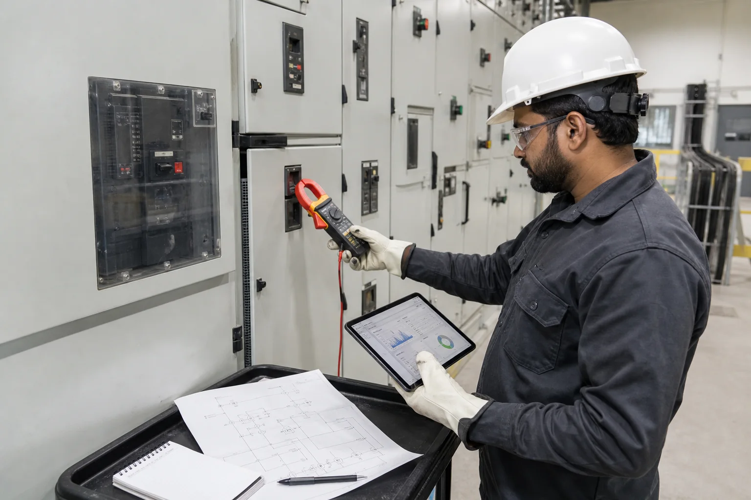 Illustrative electrical audit measurement reviewed against a tablet and single-line diagram