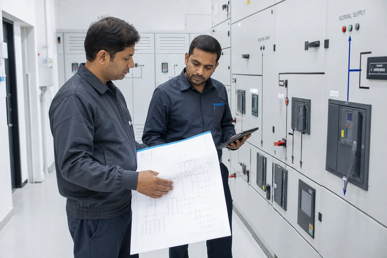 Illustrative hospital electrical safety audit review beside essential-supply switchboards