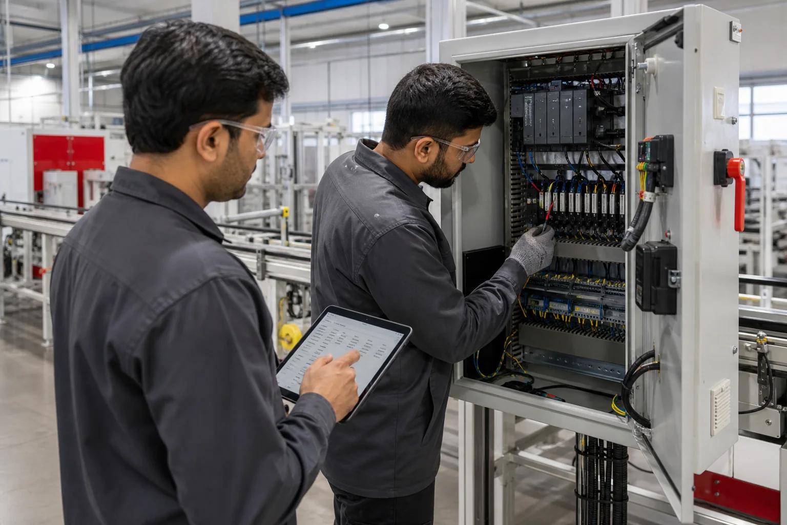 Illustrative industrial automation engineers checking PLC interfaces and an I/O schedule