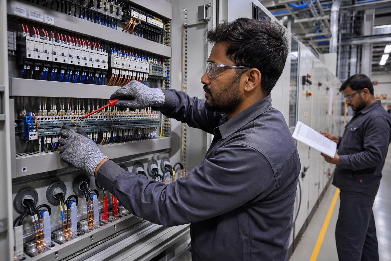 Illustrative industrial wiring technician completing organized control-cable terminations