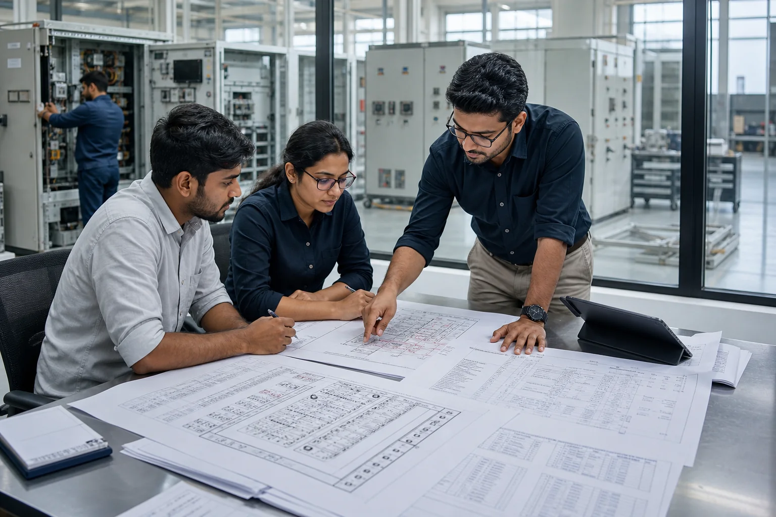 Illustrative project engineering team reviewing panel drawings beside a modern workshop